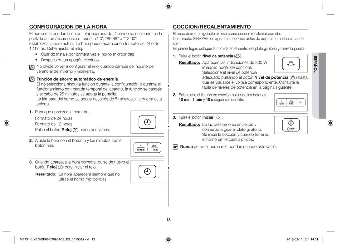 Samsung ME731K/XEC Configuración de la hora, Cocción/Recalentamiento, Función de ahorro automático de energía, Resultado 