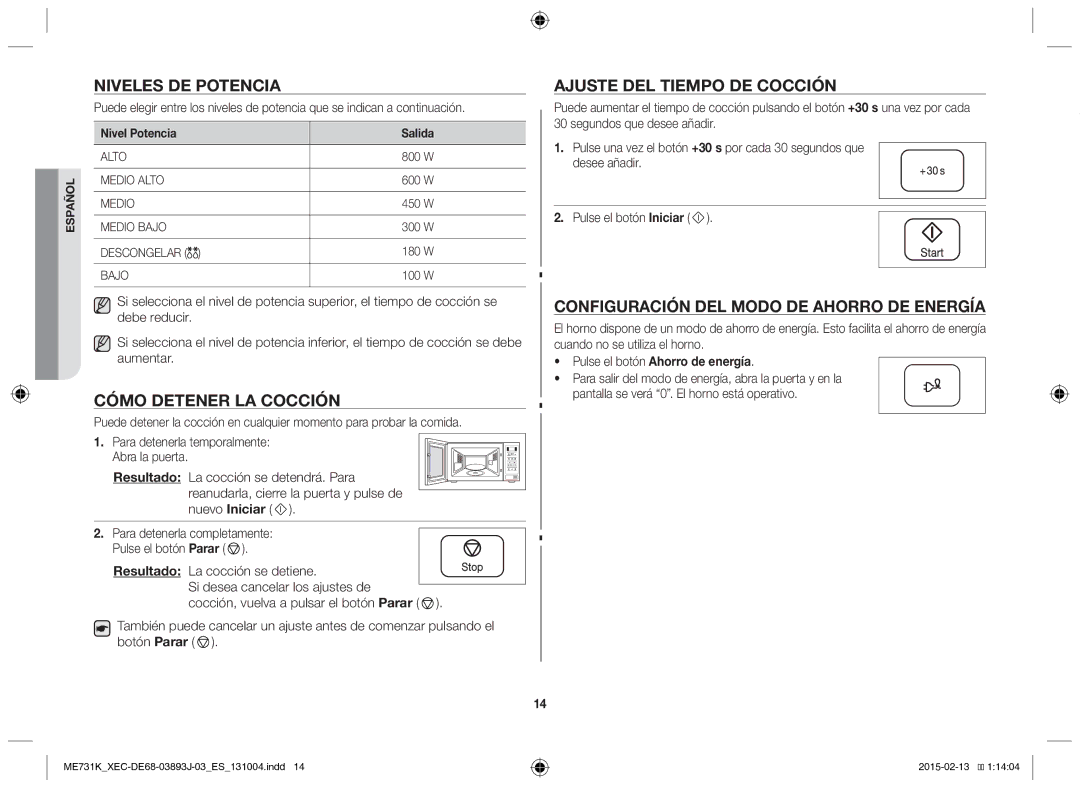 Samsung ME731K/XEC manual Niveles de potencia, Ajuste del tiempo de cocción, Cómo detener la cocción 