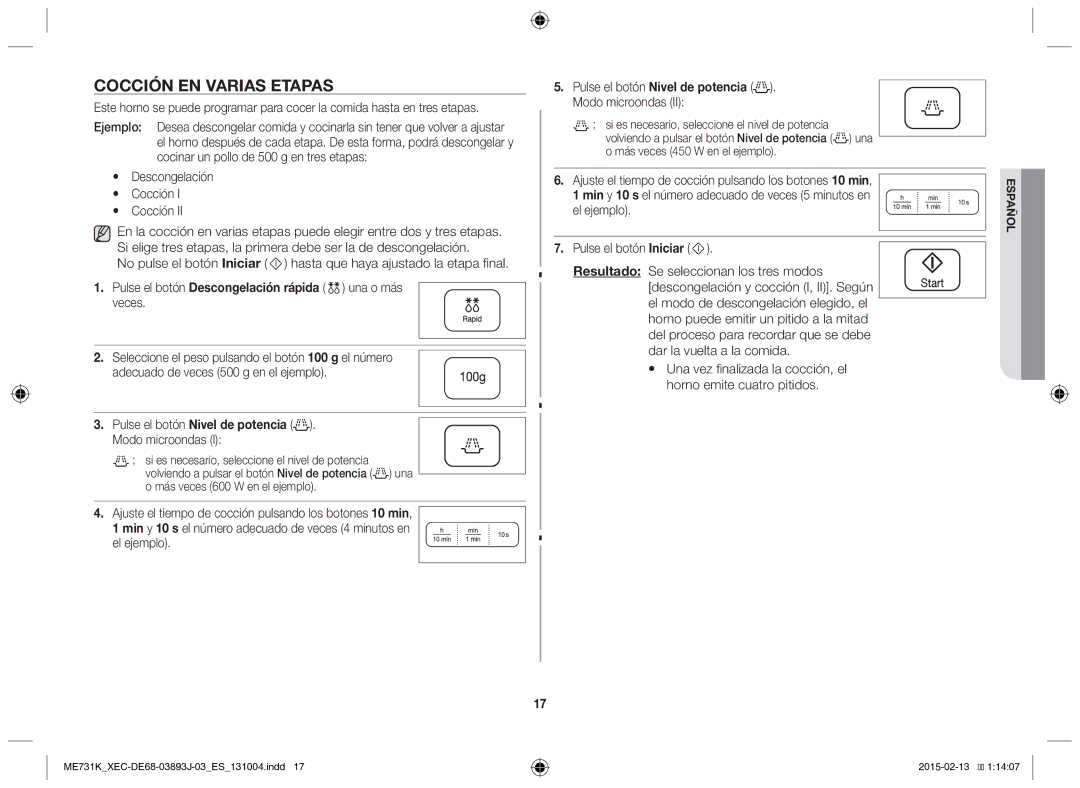 Samsung ME731K/XEC Cocción en varias etapas,  Descongelación  Cocción, Pulse el botón Nivel de potencia Modo microondas 