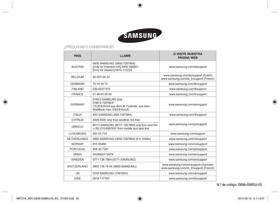 Samsung ME731K/XEC manual De código DE68-03893J-03, PAĺS 