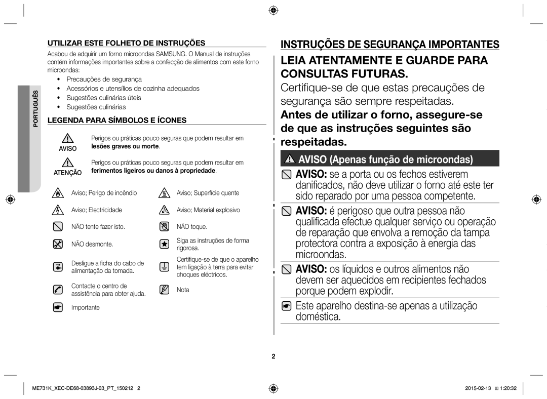 Samsung ME731K/XEC manual Este aparelho destina-se apenas a utilização doméstica, Nota 