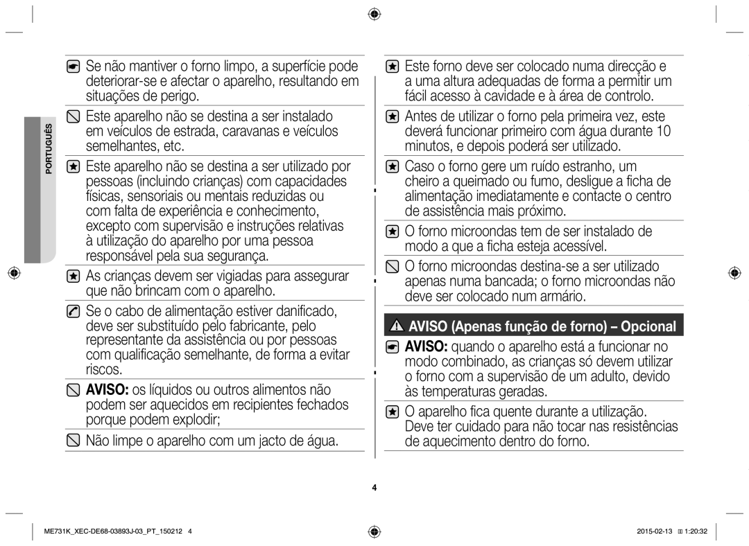 Samsung ME731K/XEC manual Aviso Apenas função de forno Opcional 