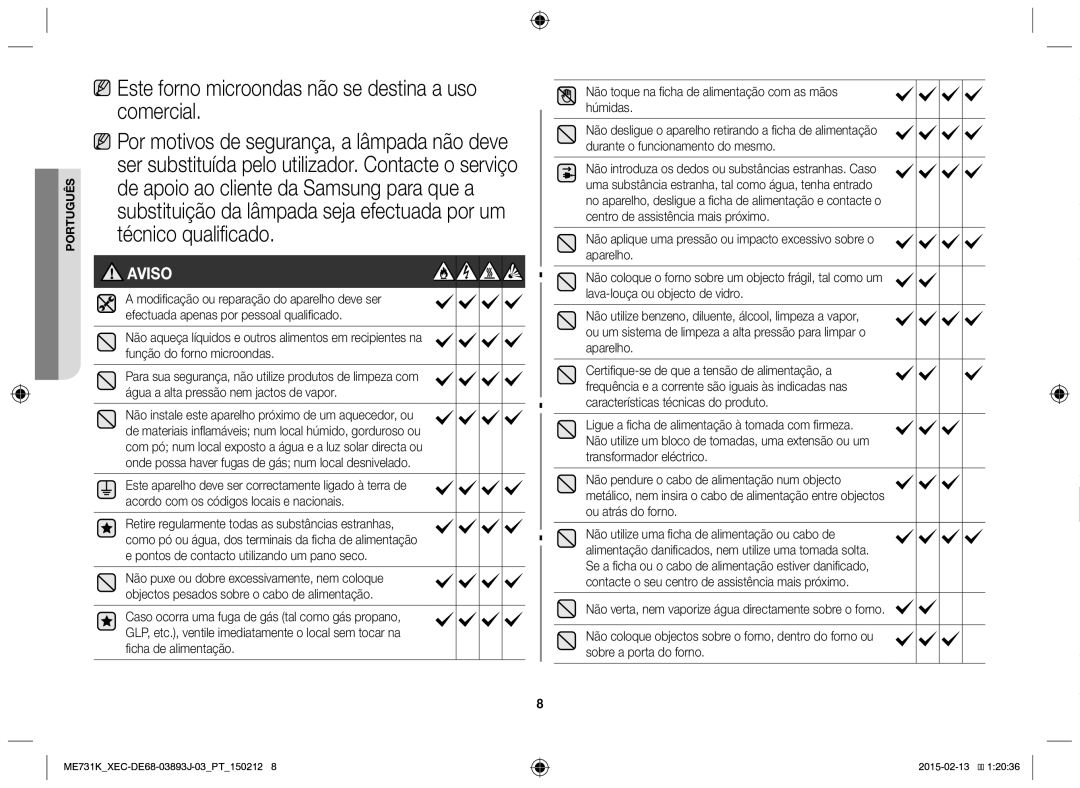 Samsung ME731K/XEC manual Este forno microondas não se destina a uso comercial, Técnico qualificado 