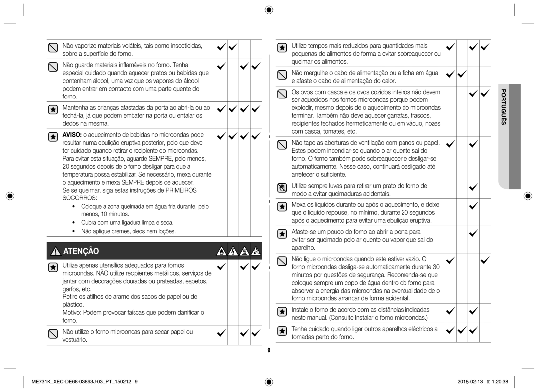 Samsung ME731K/XEC manual Atenção, Se se queimar, siga estas instruções de Primeiros Socorros 