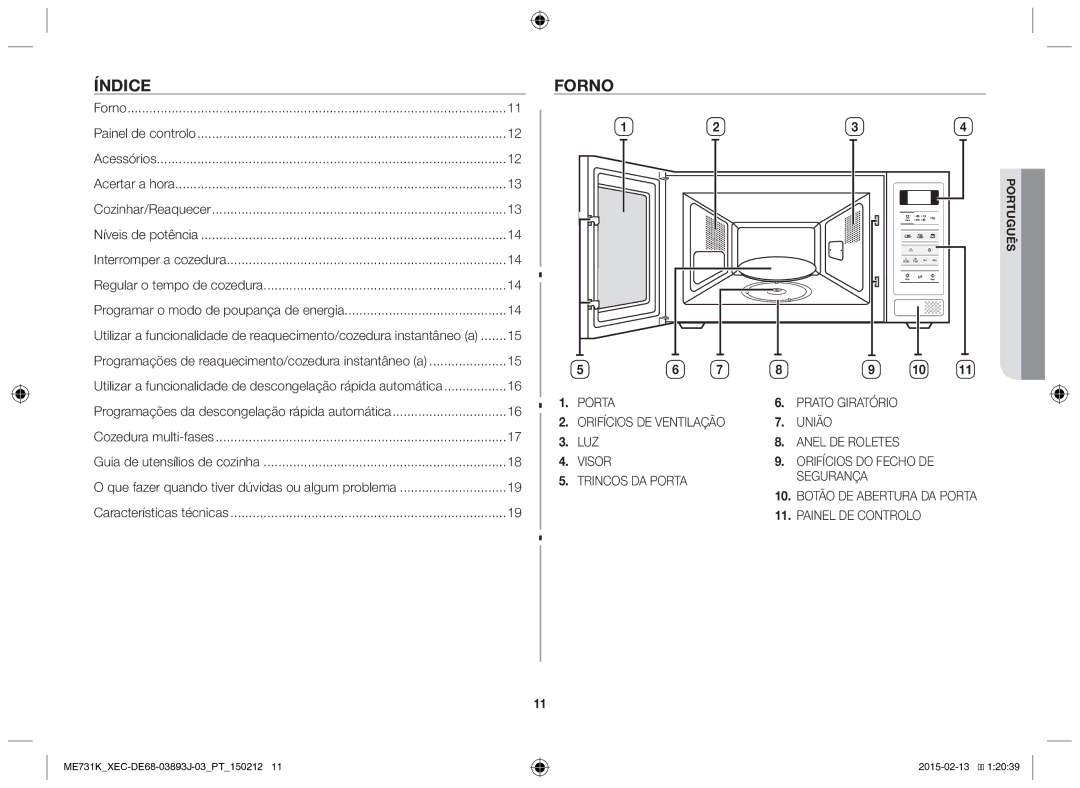 Samsung ME731K/XEC manual Índice, Forno 