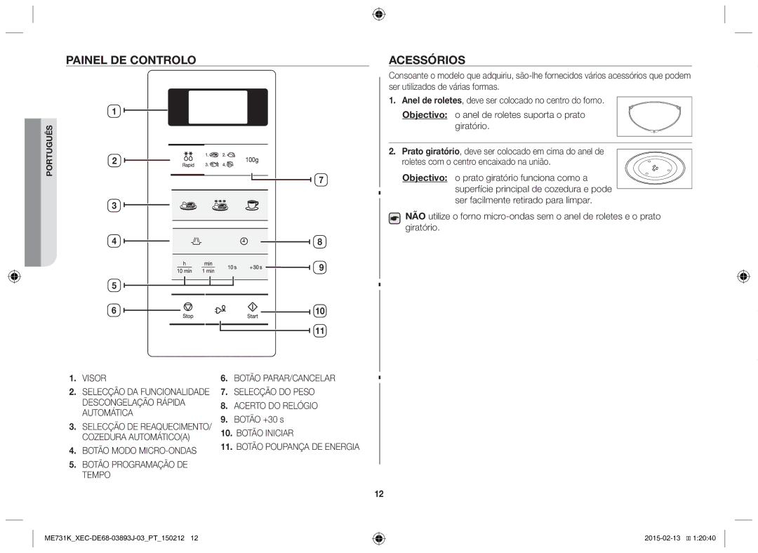 Samsung ME731K/XEC manual Painel de controlo Acessórios, Botão +30 s 