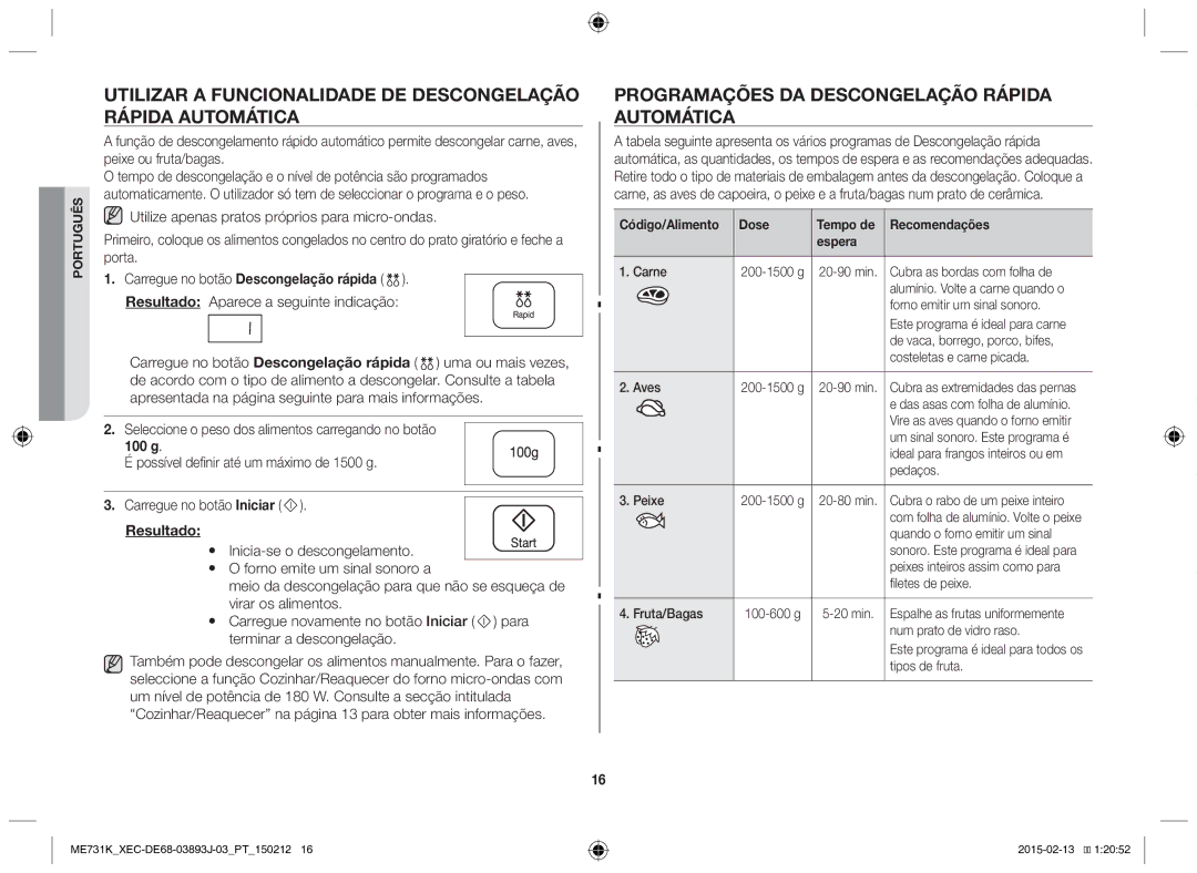 Samsung ME731K/XEC manual Programações da descongelação rápida automática, Carregue no botão Descongelação rápida 