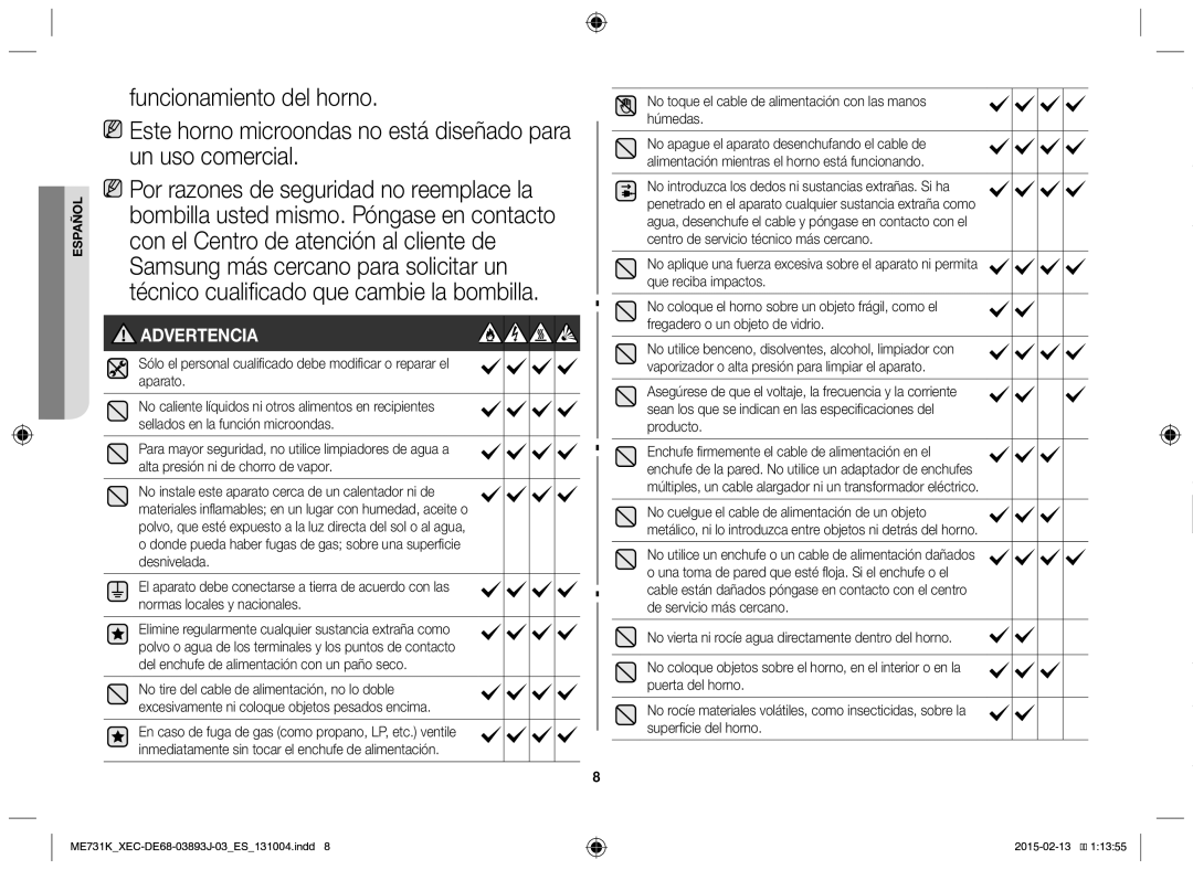 Samsung ME731K/XEC manual Advertencia, No toque el cable de alimentación con las manos húmedas 