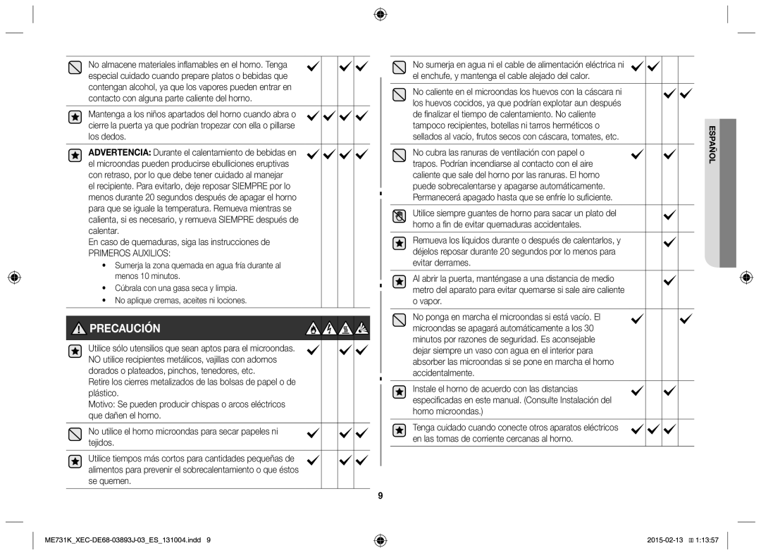 Samsung ME731K/XEC manual Primeros Auxilios, Sellados al vacío, frutos secos con cáscara, tomates, etc 