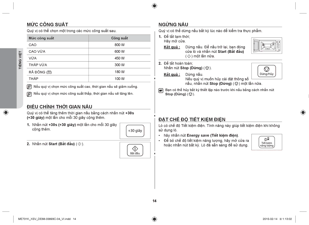 Samsung ME731K/XSV manual MỨC Công Suất, Điều Chỉnh Thời Gian NẤU, Ngừng NẤU, ĐẶT CHẾ ĐỘ Tiết Kiệm Điện 