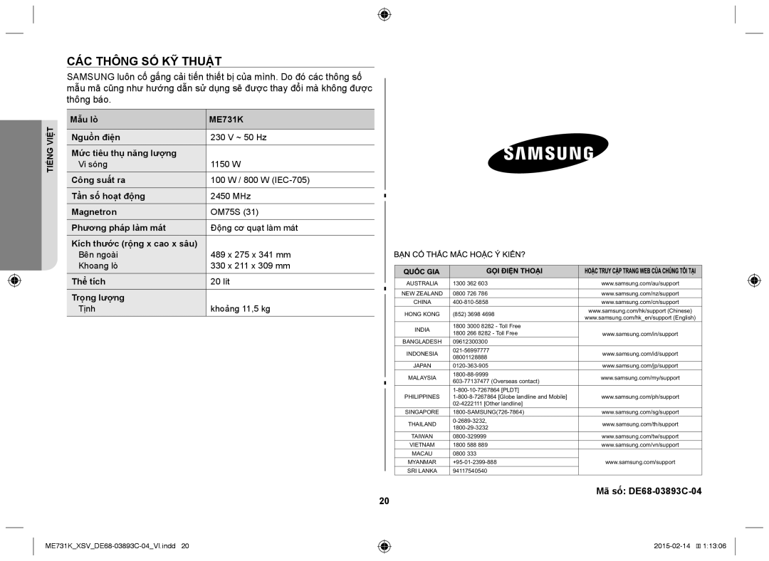 Samsung ME731K/XSV manual CÁC Thông SỐ KỸ Thuật, Mã số DE68-03893C-04 