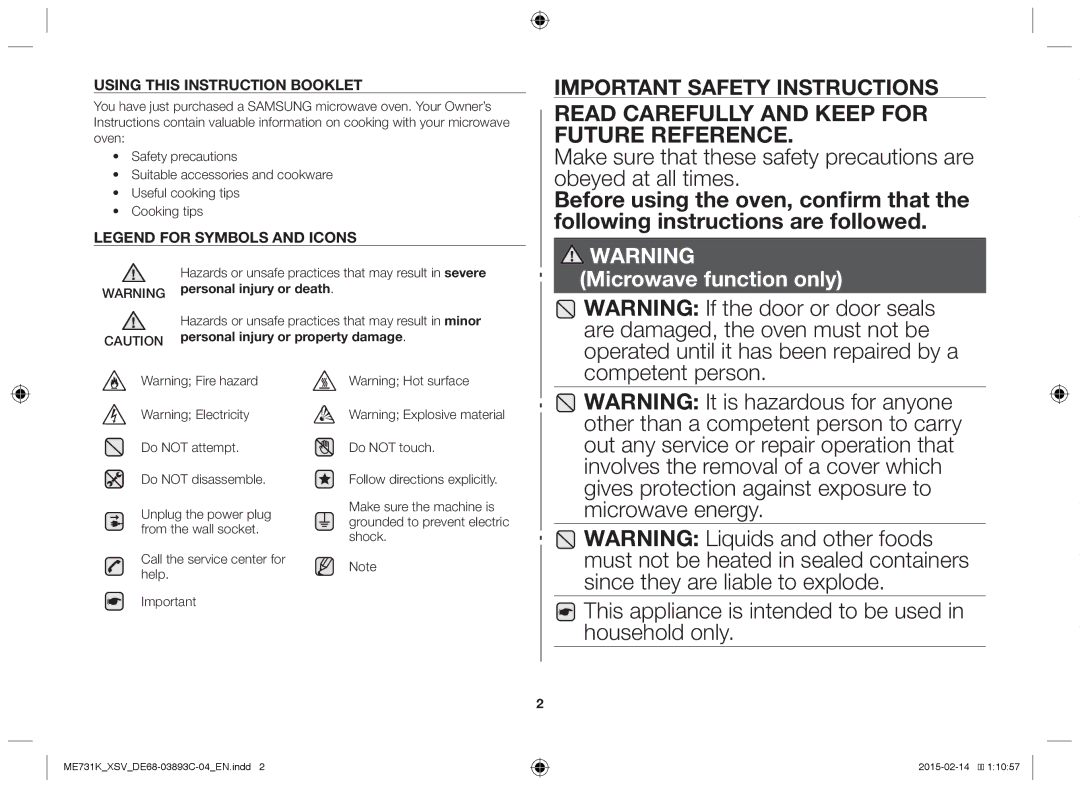 Samsung ME731K/XSV manual Read Carefully and Keep for Future Reference, Personal injury or property damage 