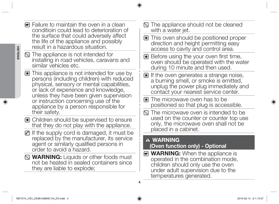 Samsung ME731K/XSV manual Oven function only Optional 