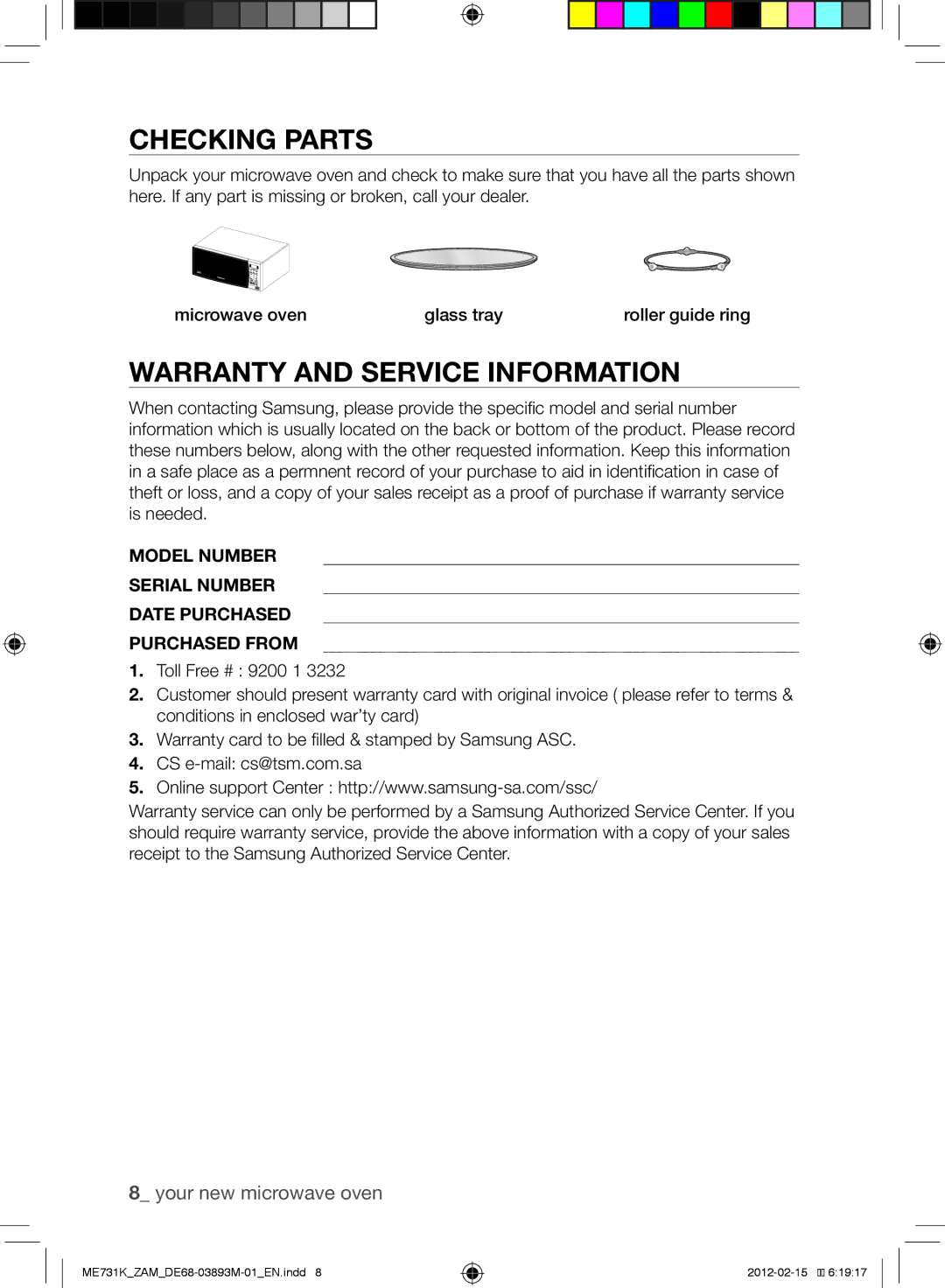 Samsung ME731K/ZAM manual Checking parts, Warranty and service information 