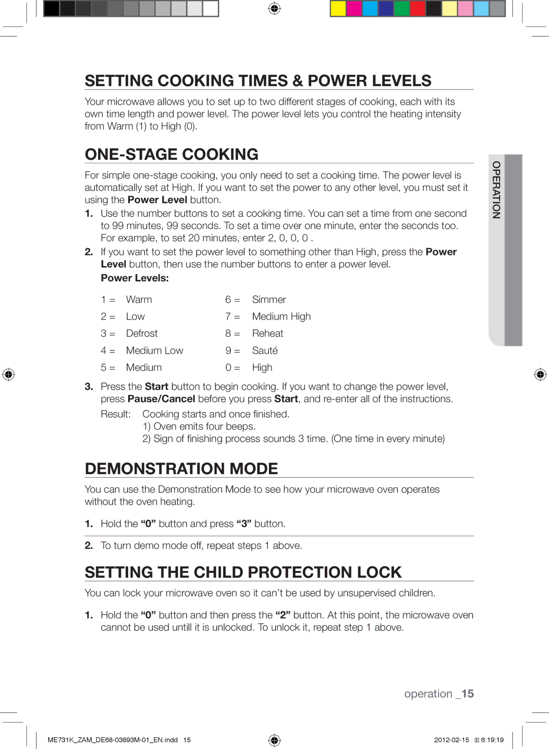 Samsung ME731K/ZAM manual Setting cooking times & power levels, One-stage cooking, Demonstration mode, Power Levels 