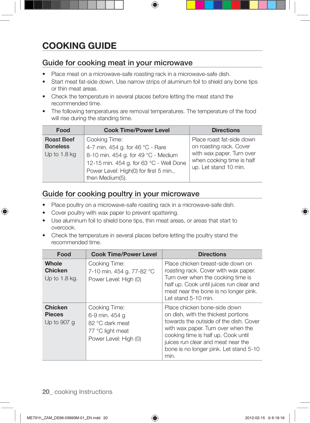 Samsung ME731K/ZAM Cooking guide, Guide for cooking meat in your microwave, Guide for cooking poultry in your microwave 