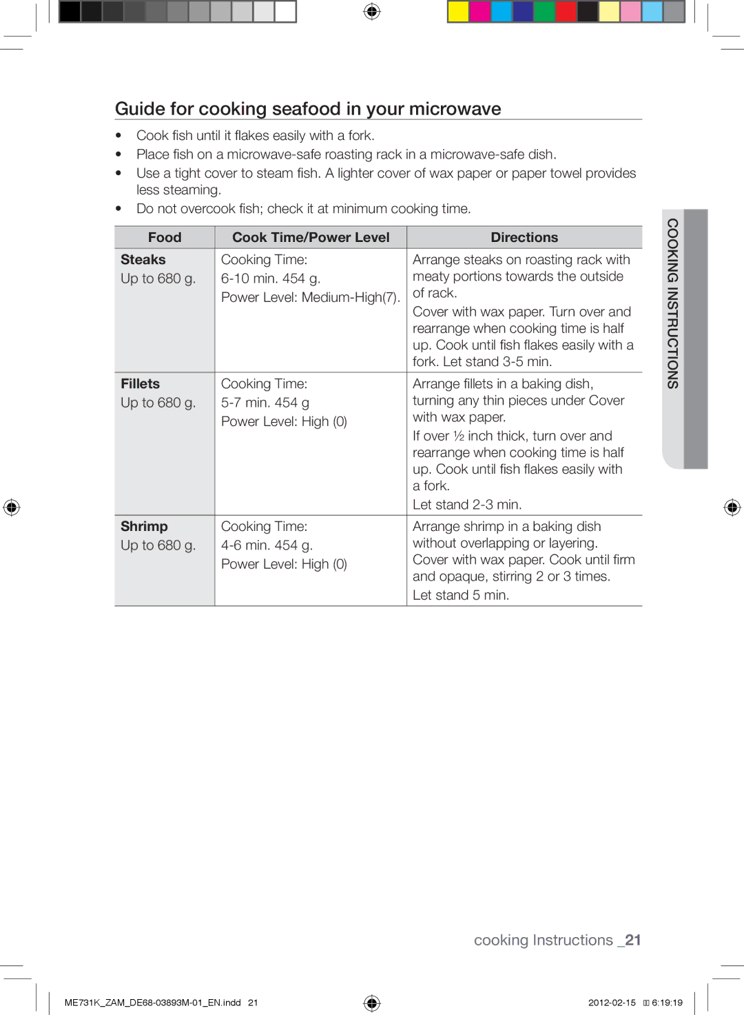 Samsung ME731K/ZAM Guide for cooking seafood in your microwave, Food Cook Time/Power Level Directions Steaks, Fillets 