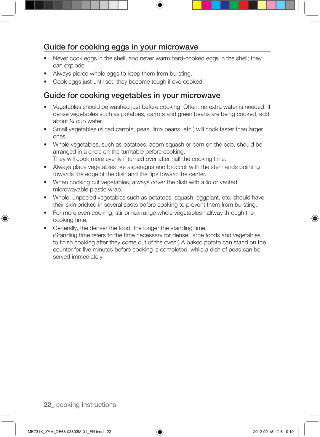 Samsung ME731K/ZAM manual Guide for cooking eggs in your microwave, Guide for cooking vegetables in your microwave 