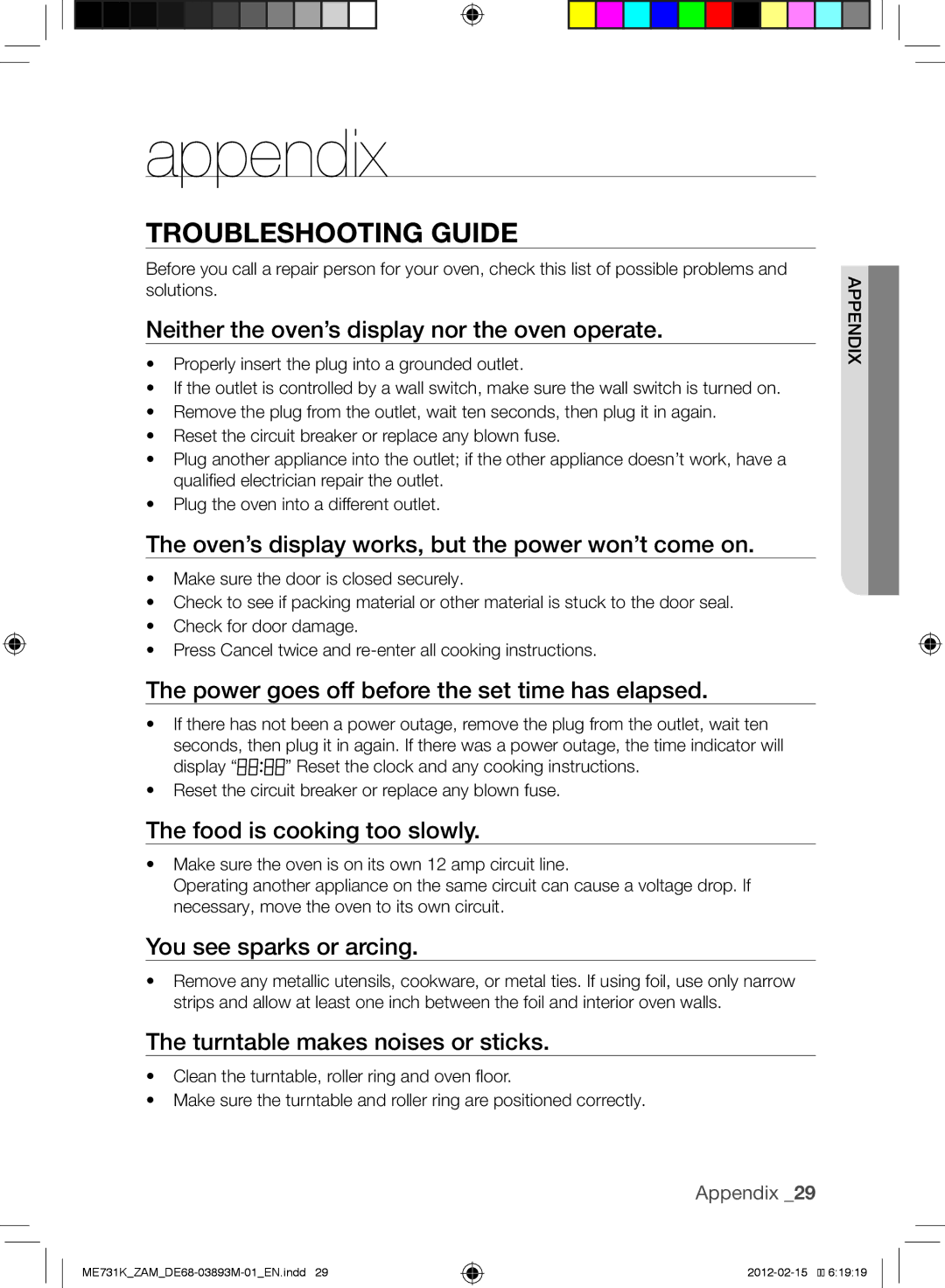 Samsung ME731K/ZAM manual Appendix, Troubleshooting guide 