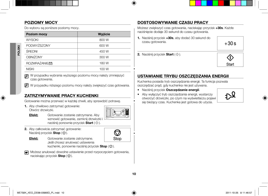 Samsung ME732K-B/XEO manual Poziomy mocy, Dostosowywanie czasu pracy, Zatrzymywanie pracy kuchenki 