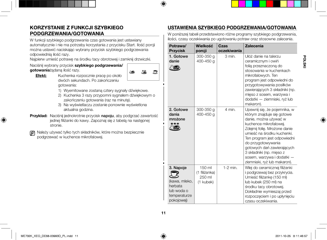 Samsung ME732K-B/XEO Korzystanie z funkcji szybkiego podgrzewania/gotowania, Ustawienia szybkiego podgrzewania/gotowania 