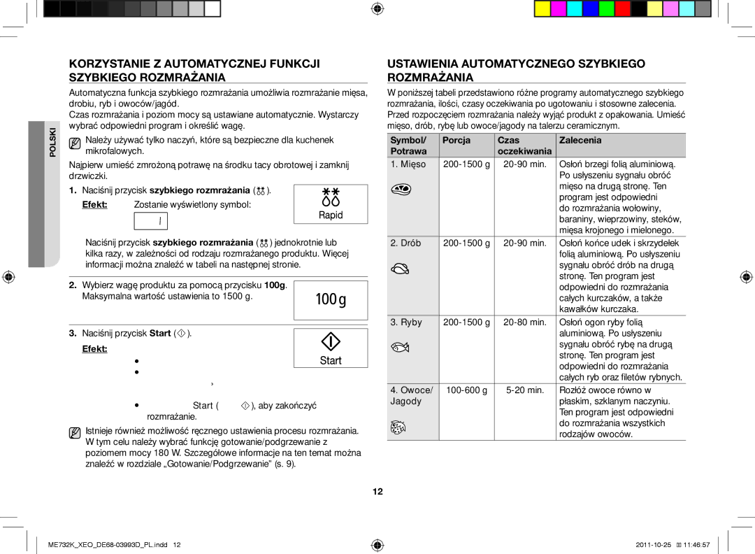 Samsung ME732K-B/XEO Korzystanie z automatycznej funkcji szybkiego rozmrażania, Naciśnij przycisk szybkiego rozmrażania 