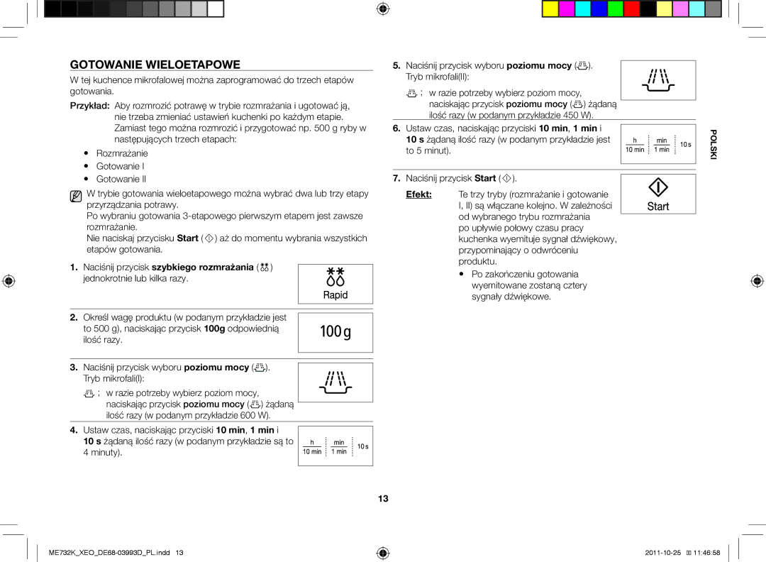 Samsung ME732K-B/XEO manual Gotowanie wieloetapowe, Naciśnij przycisk wyboru poziomu mocy . Tryb mikrofaliII 