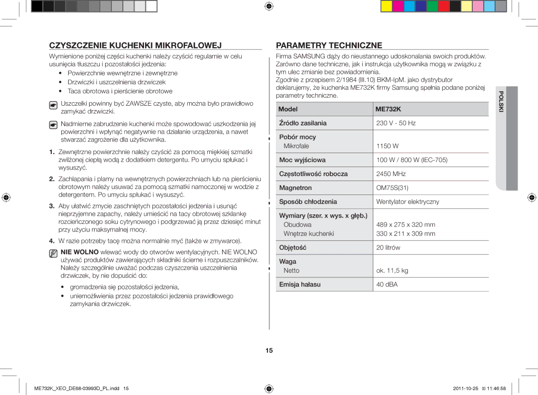 Samsung ME732K-B/XEO manual Czyszczenie kuchenki mikrofalowej, Parametry techniczne, Model ME732K 