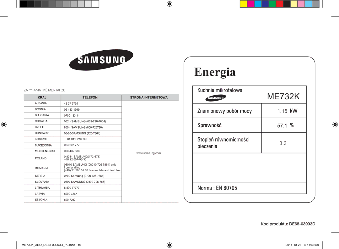 Samsung ME732K-B/XEO manual Kod produktu DE68-03993D 