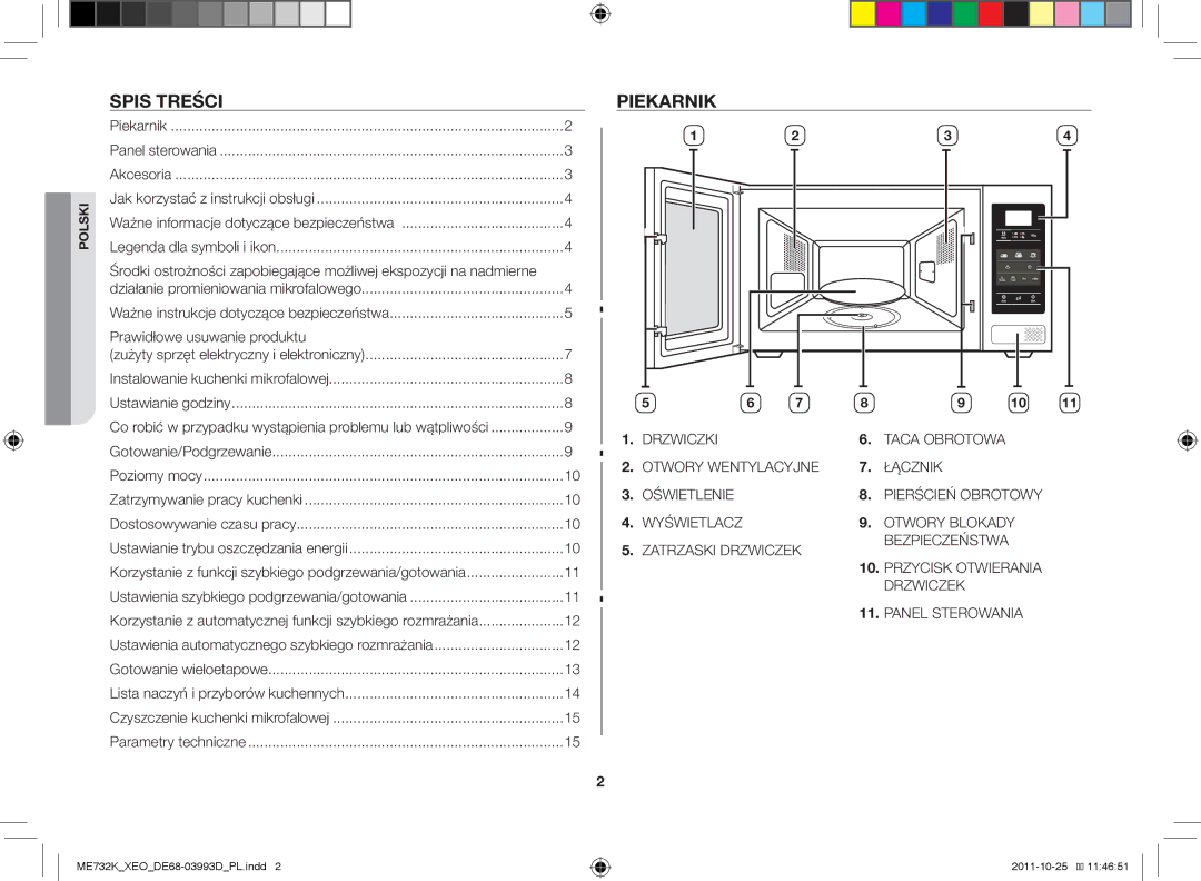 Samsung ME732K-B/XEO manual Spis treści, Piekarnik, Prawidłowe usuwanie produktu, Dostosowywanie czasu pracy 