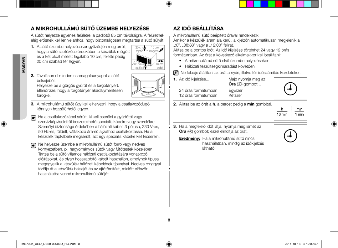 Samsung ME732K-B/XEO manual Mikrohullámú sütő üzembe helyezése Az idő beállítása, Óra 