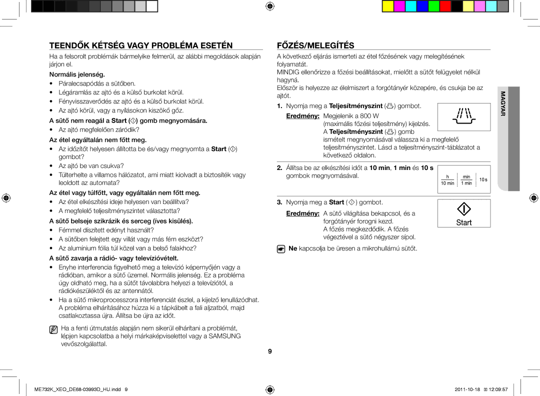 Samsung ME732K-B/XEO manual Teendők kétség vagy probléma esetén, Főzés/Melegítés, Teljesítményszint gomb 