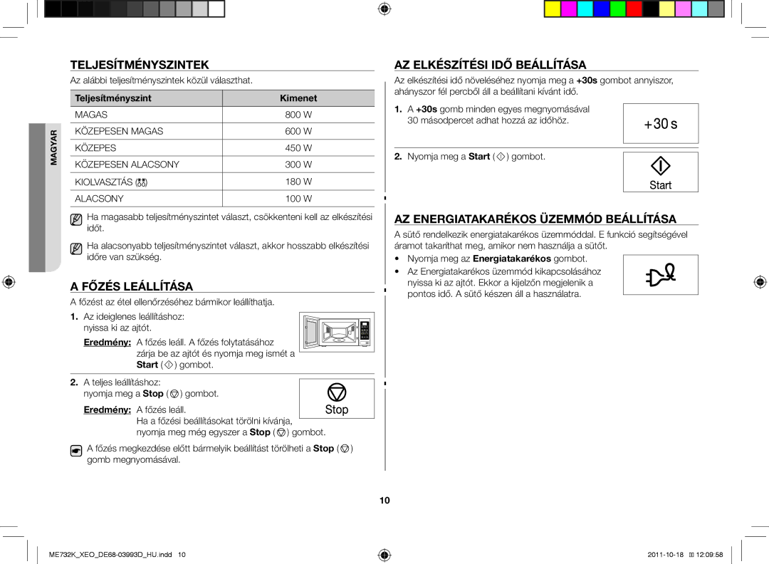 Samsung ME732K-B/XEO manual Teljesítményszintek, Főzés leállítása, Az elkészítési idő beállítása 