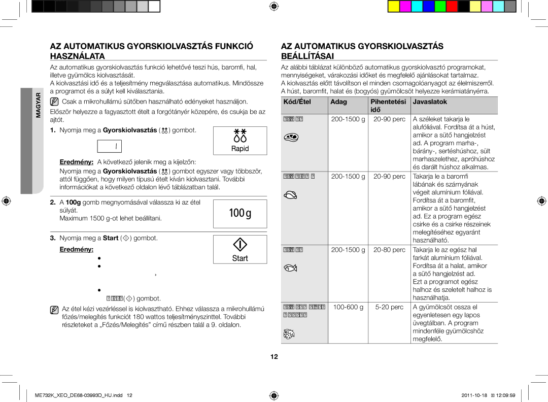 Samsung ME732K-B/XEO manual Az automatikus gyorskiolvasztás funkció használata, Az Automatikus gyorskiolvasztás beállításai 