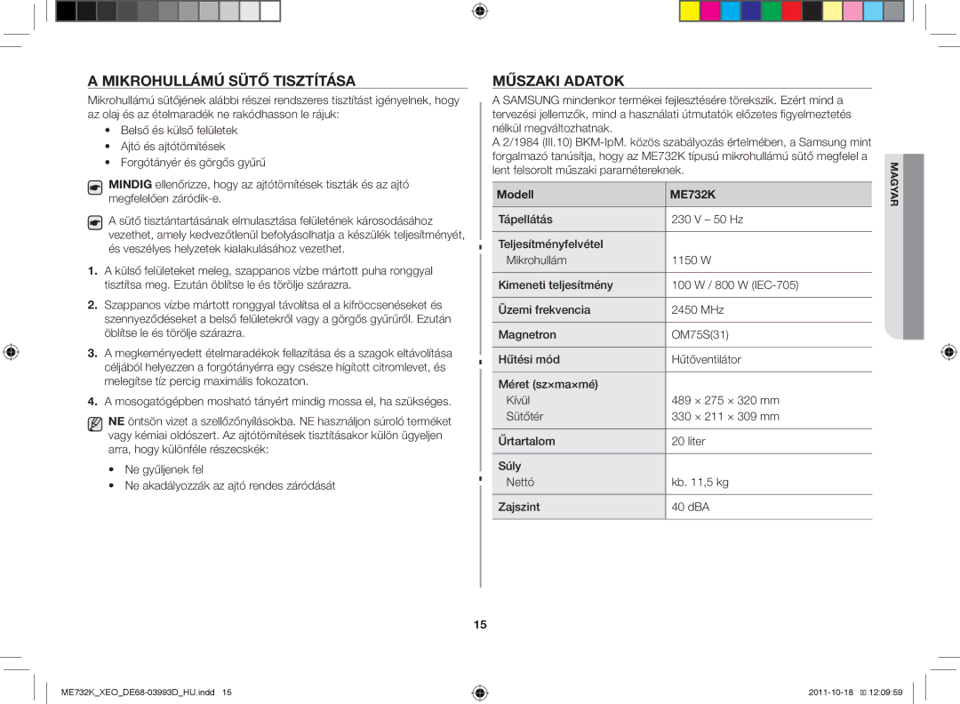 Samsung ME732K-B/XEO manual Mikrohullámú sütő tisztítása, Műszaki adatok, Modell ME732K 