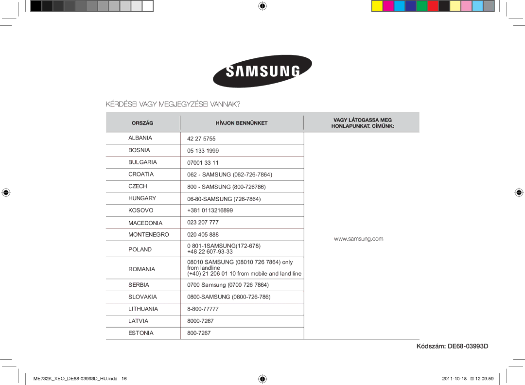 Samsung ME732K-B/XEO manual Kódszám DE68-03993D 