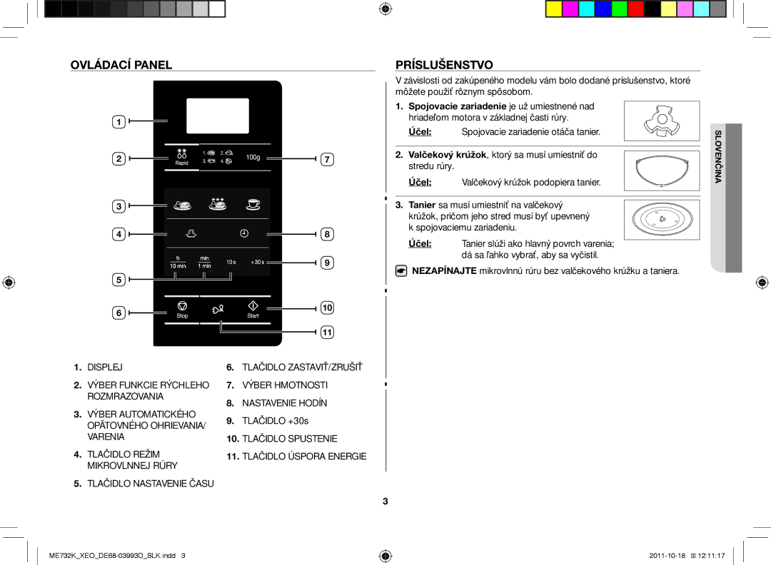 Samsung ME732K-B/XEO manual OVLáDAcí Panel, PRíSLušENSTVO, Tlačidlo +30s 