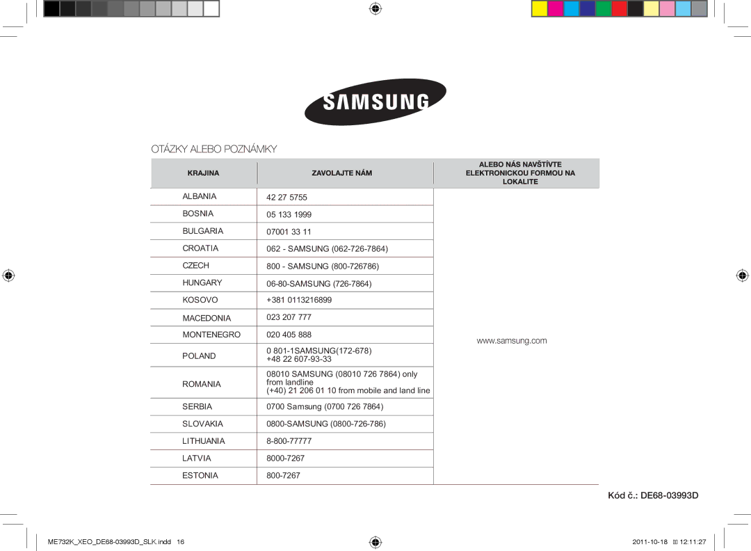 Samsung ME732K-B/XEO manual Kód č. DE68-03993D, 801-1SAMSUNG172-678, +48 22 Samsung 08010 726 7864 only 