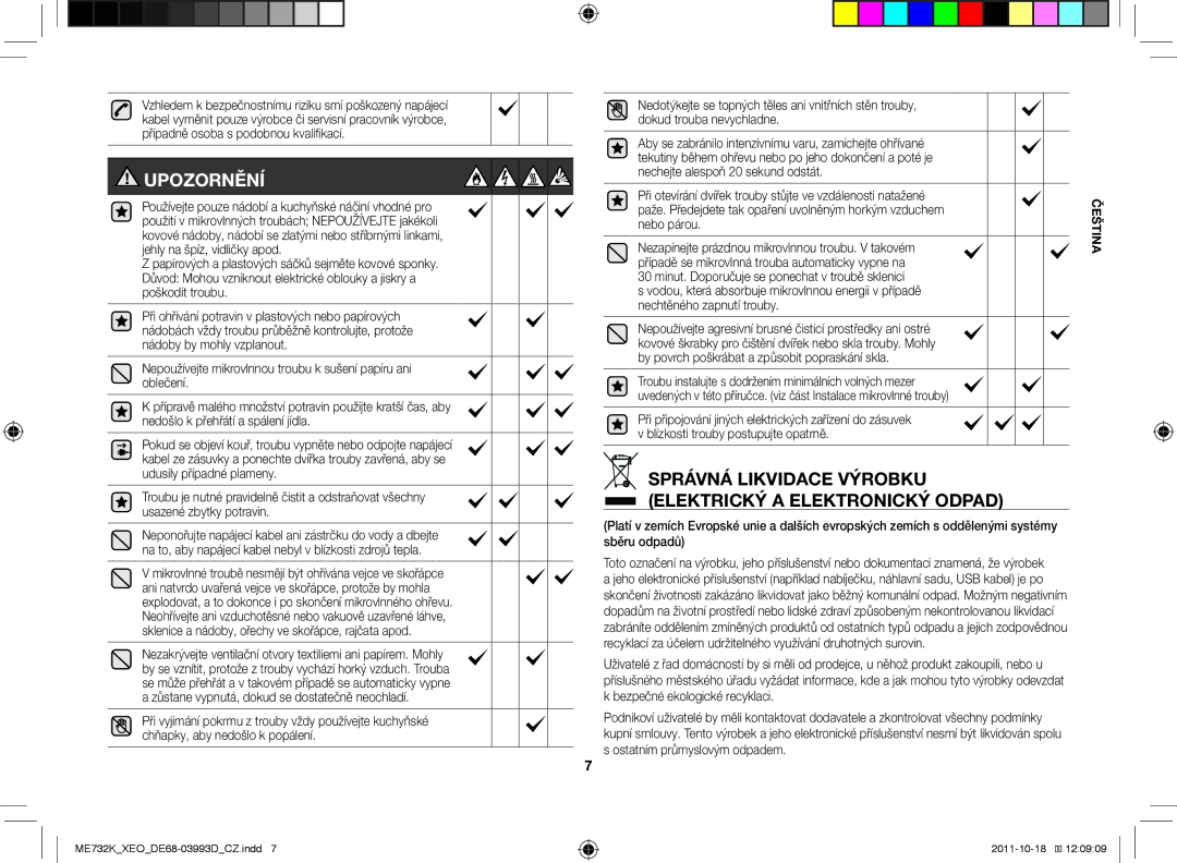 Samsung ME732K-B/XEO manual Upozornění, Správná likvidace výrobku Elektrický a elektronický odpad 