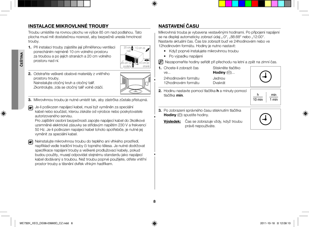 Samsung ME732K-B/XEO manual Instalace mikrovlnné trouby, Nastavení času 