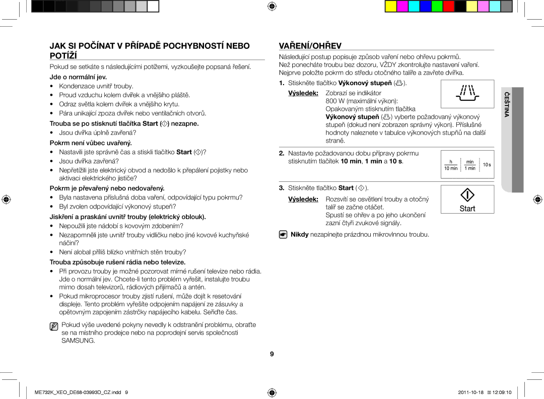 Samsung ME732K-B/XEO manual Jak si počínat v případě pochybností nebo potíží, Vaření/Ohřev 