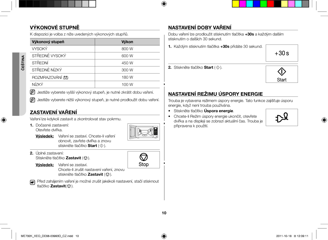 Samsung ME732K-B/XEO manual Výkonové stupně, Nastavení doby vaření, Zastavení vaření, Nastavení režimu úspory energie 