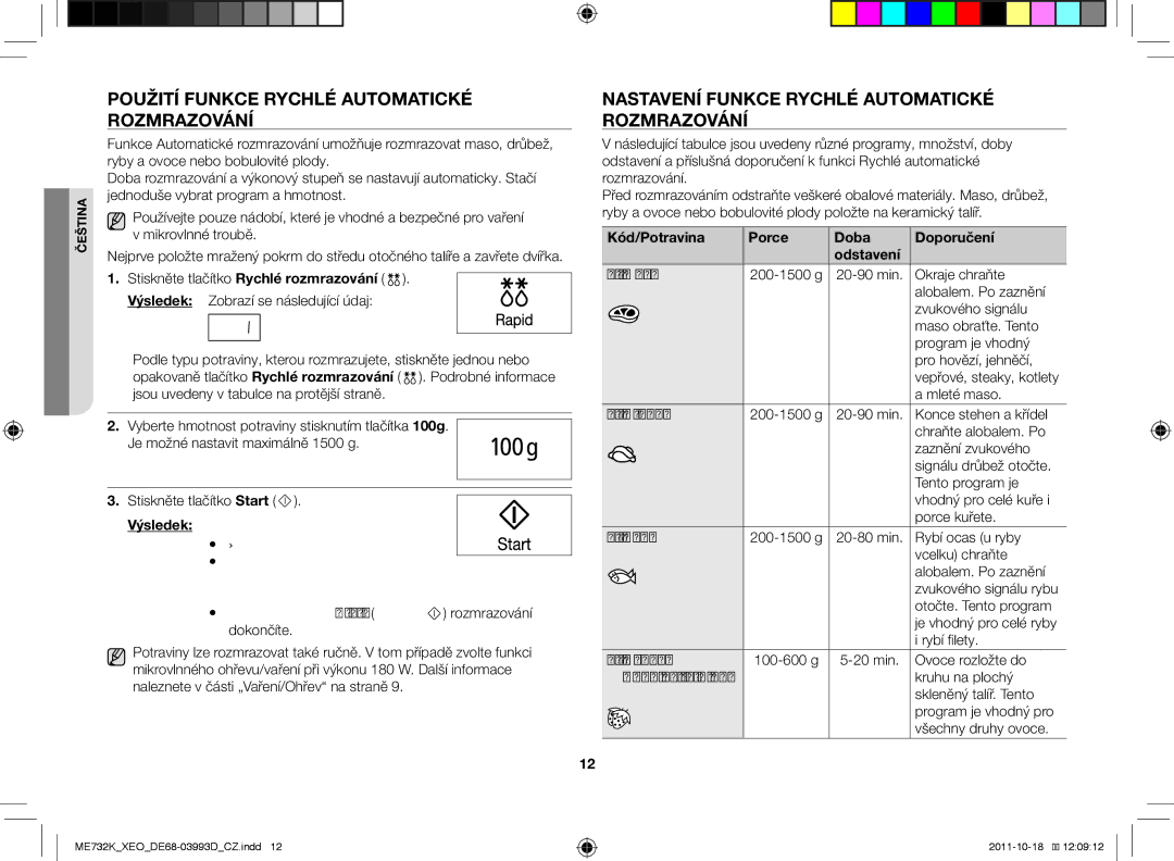 Samsung ME732K-B/XEO Použití funkce rychlé automatické rozmrazování, Nastavení funkce rychlé automatické rozmrazování 