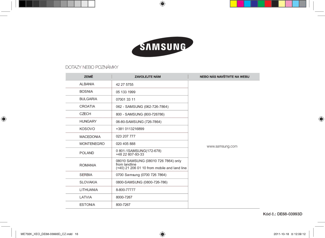 Samsung ME732K-B/XEO manual Kód č. DE68-03993D 