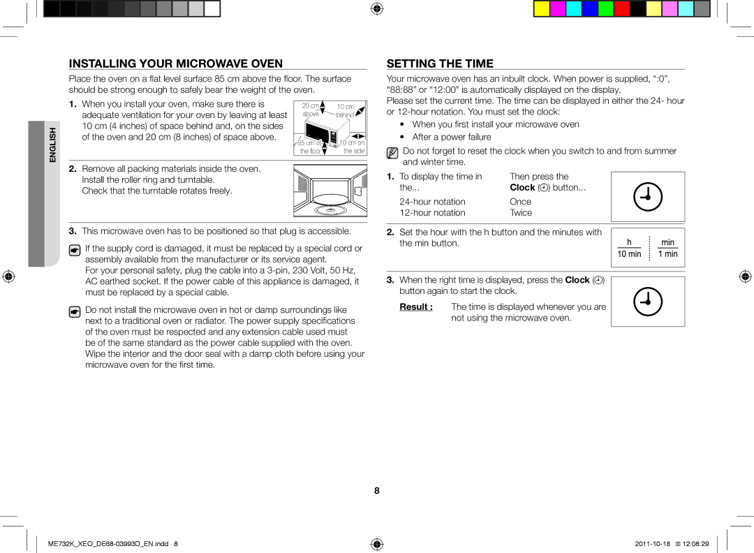 Samsung ME732K-B/XEO manual Installing your microwave oven, Setting the time 