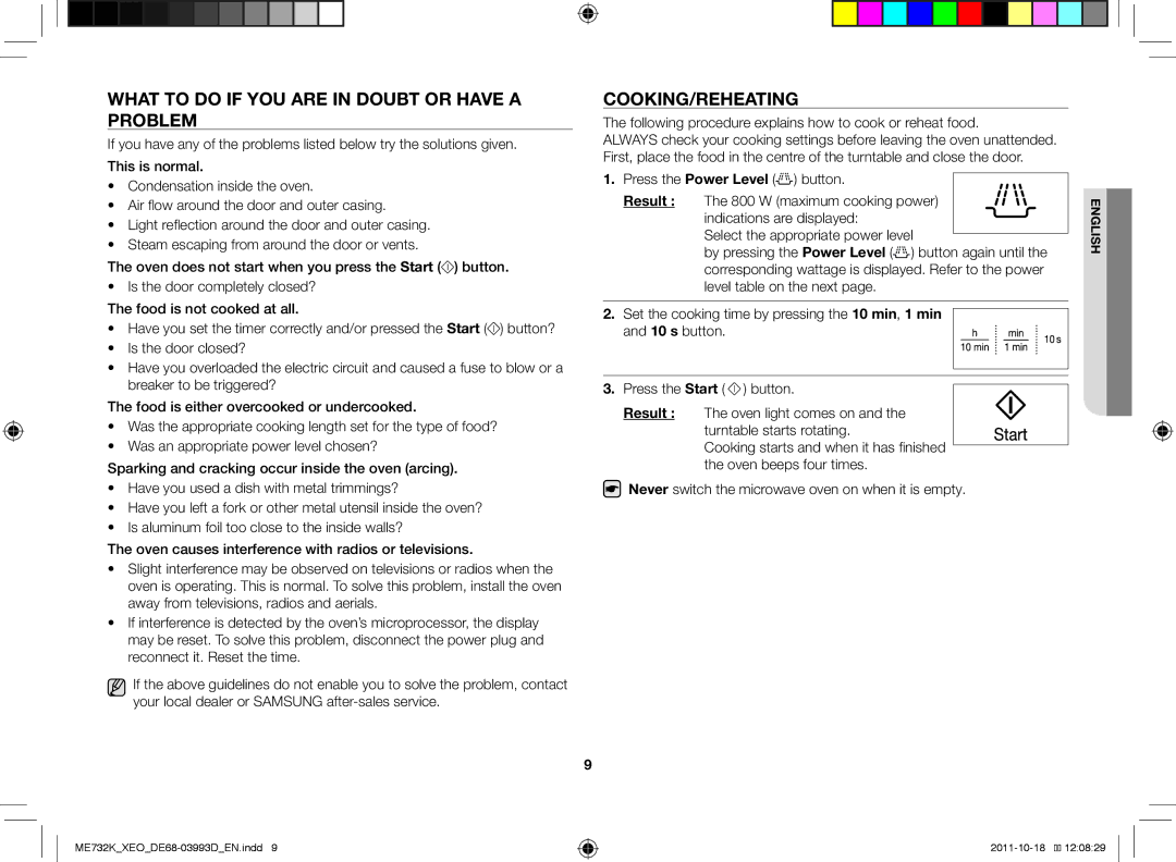 Samsung ME732K-B/XEO manual What to do if you are in doubt or have a problem, Cooking/Reheating 