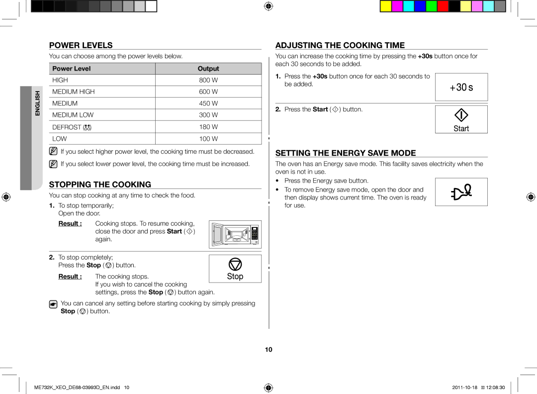 Samsung ME732K-B/XEO manual Power levels, Stopping the cooking, Adjusting the cooking time, Setting the energy save mode 