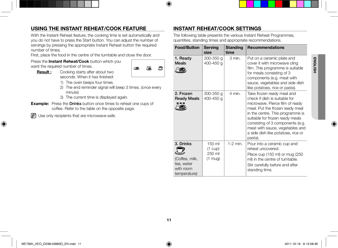 Samsung ME732K-B/XEO manual Using the instant reheat/cook feature, Instant reheat/cook settings 