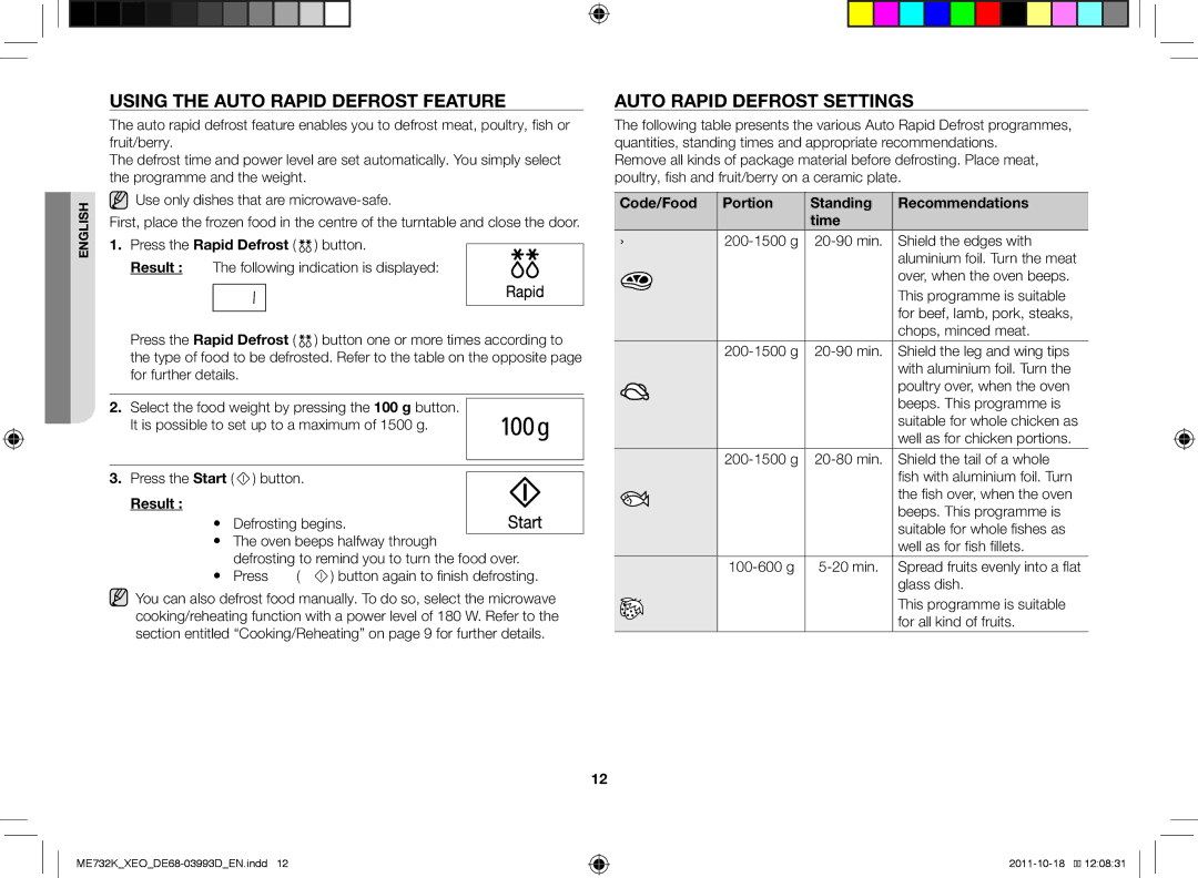 Samsung ME732K-B/XEO manual Using the auto rapid defrost feature, Auto rapid defrost settings 