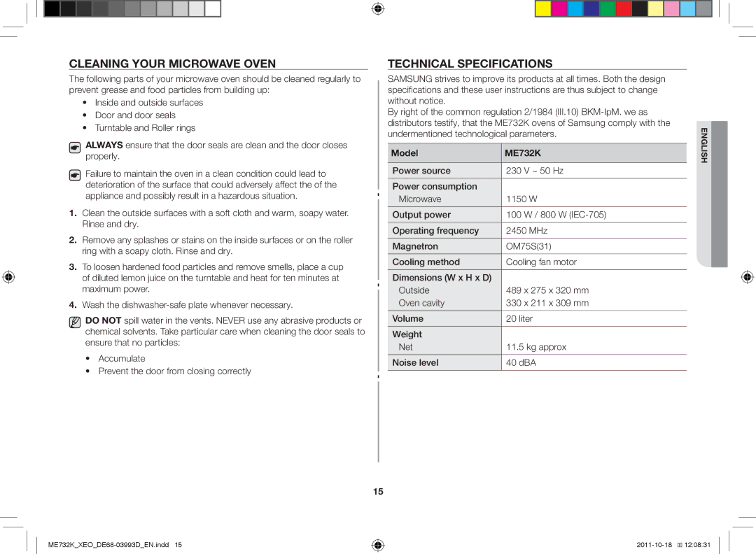 Samsung ME732K-B/XEO manual Cleaning your microwave oven, Technical specifications 